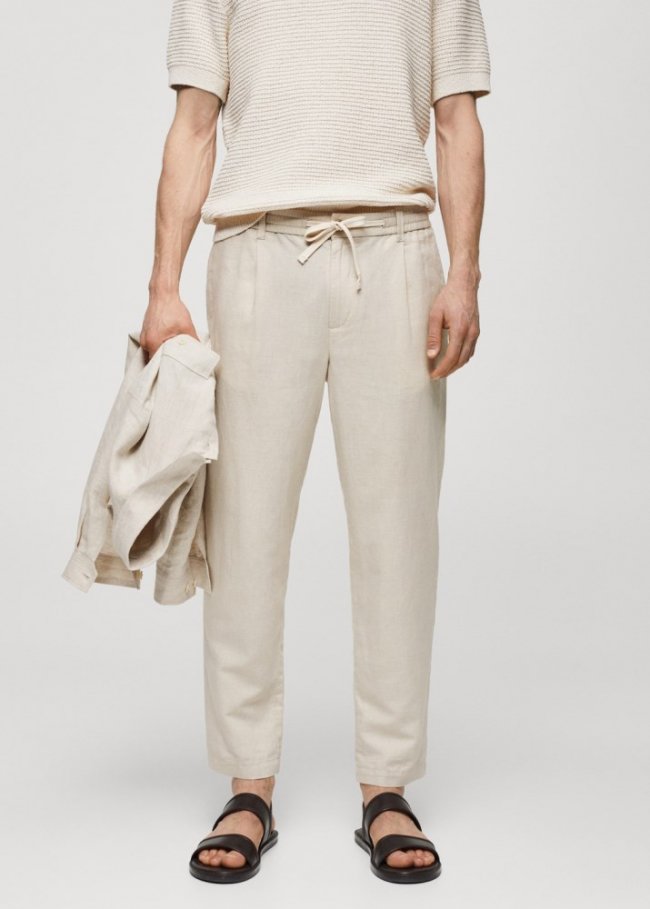 Mango Pantalón slim fit lino cordón - Crudo