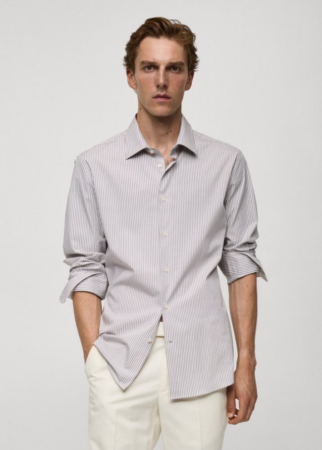Mango Camisa slim fit algodón mil rayas - Marrón
