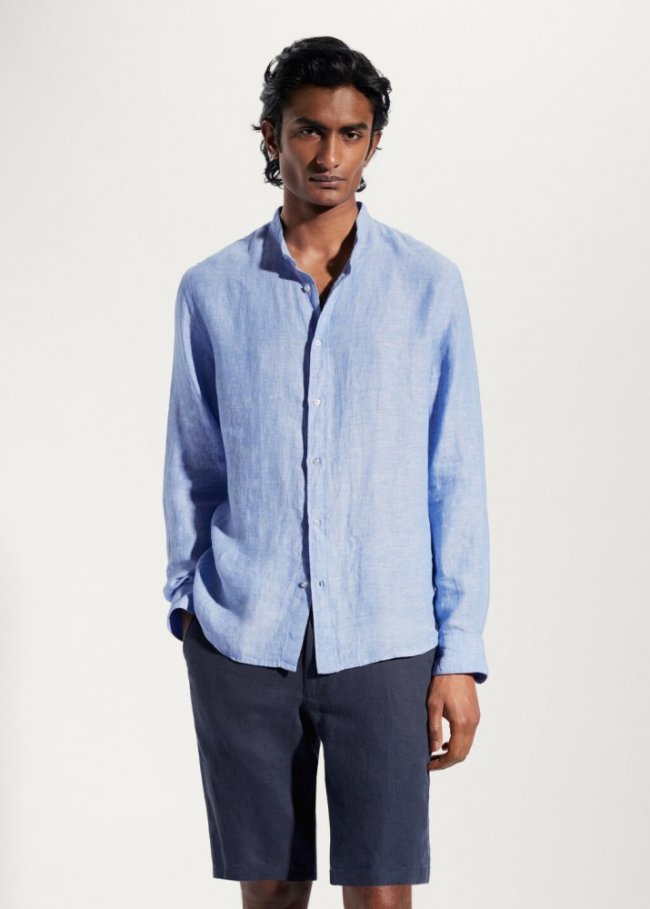 Mango Camisa 100% lino cuello mao - Azul celeste