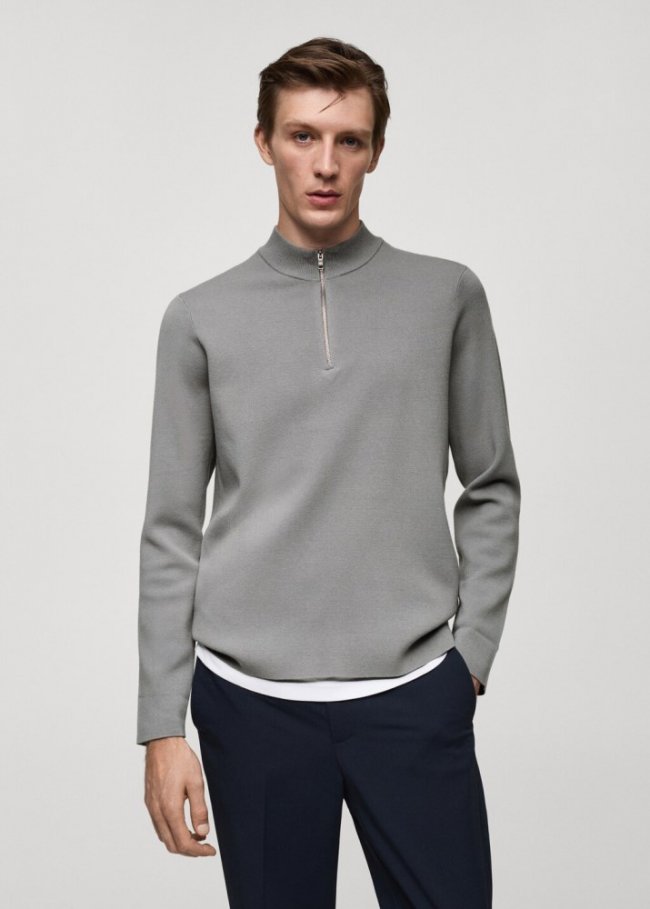 Mango Jersey punto medio cuello perkins cremallera - Gris