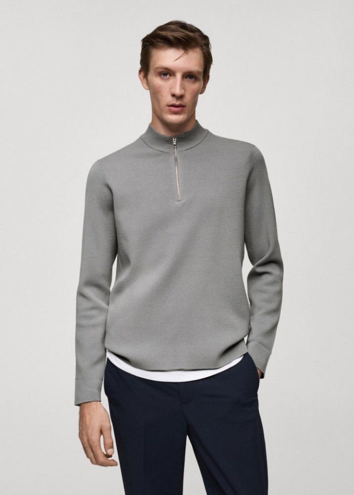 Mango Jersey punto medio cuello perkins cremallera - Gris