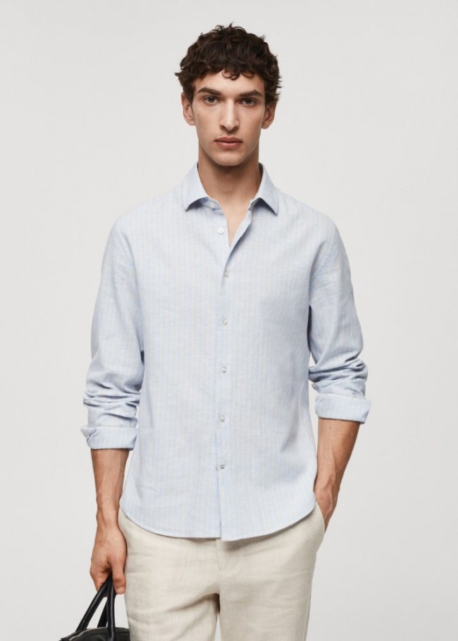 Mango Camisa regular fit lino rayas - Beige