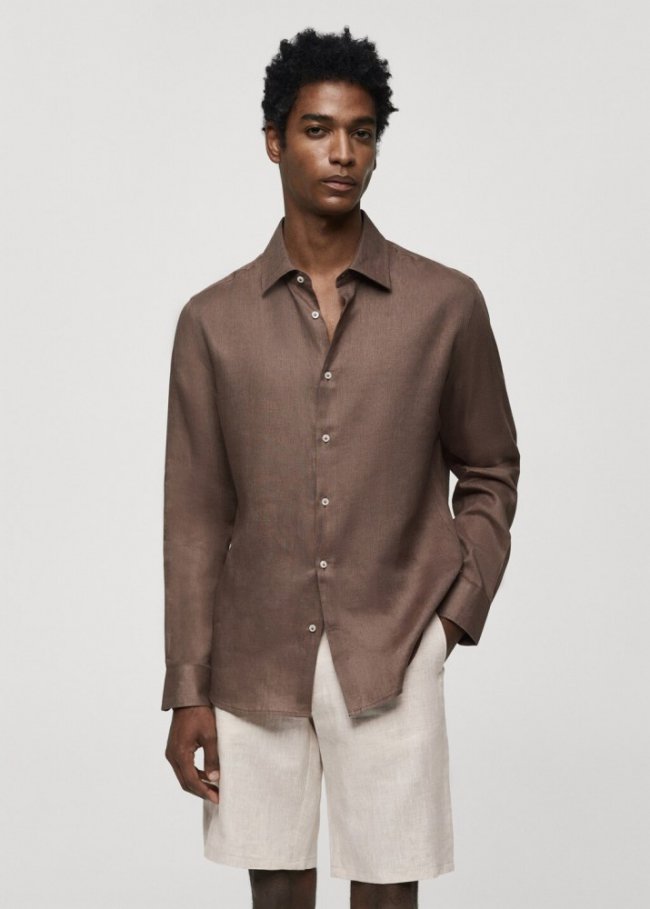 Mango Camisa regular fit 100% lino - Marrón