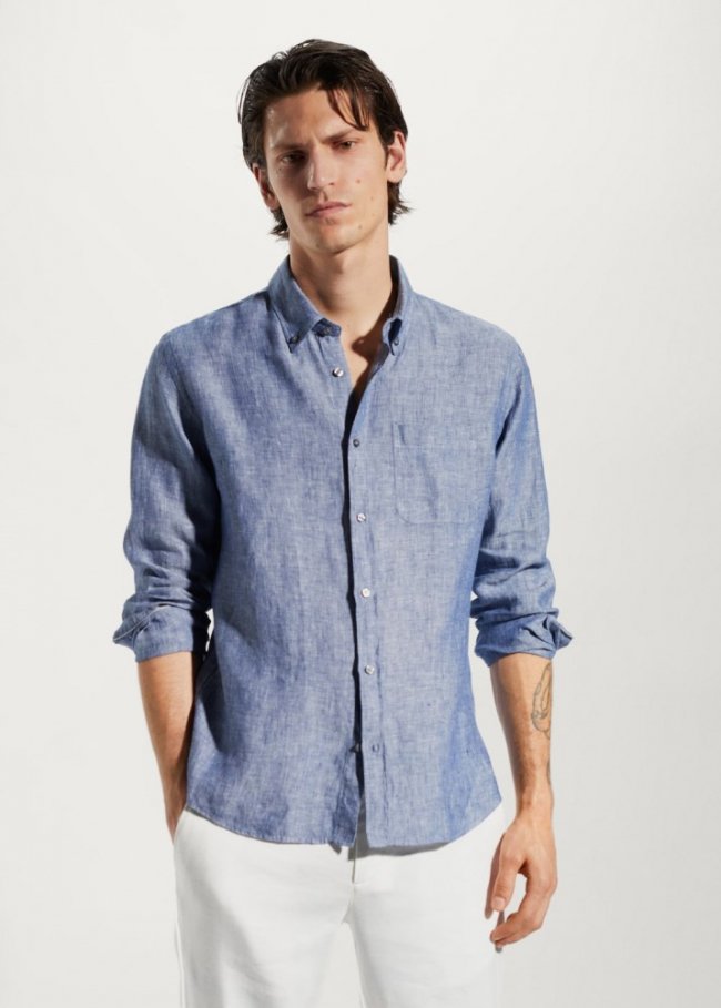 Mango Camisa slim fit 100% lino - Azul tinta