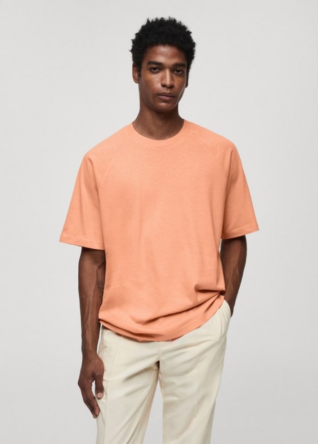Mango Camiseta algodón relaxed fit - Salmón