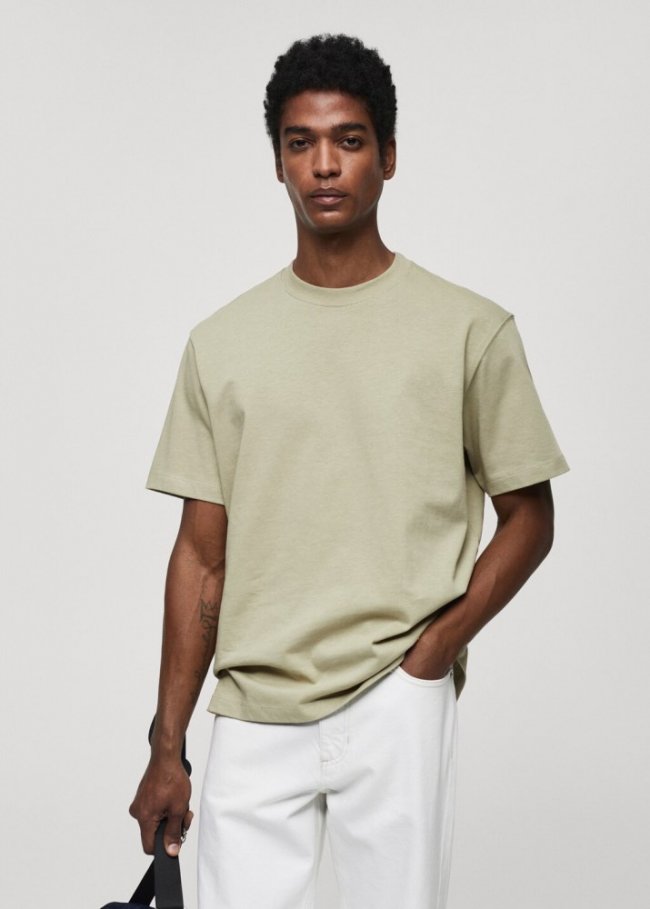 Mango Camiseta básica 100% algodón relaxed fit - Verde medio