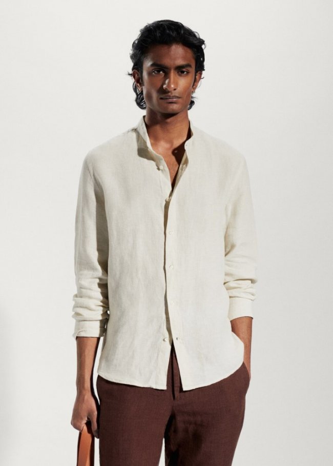 Mango Camisa 100% lino cuello mao - Arena