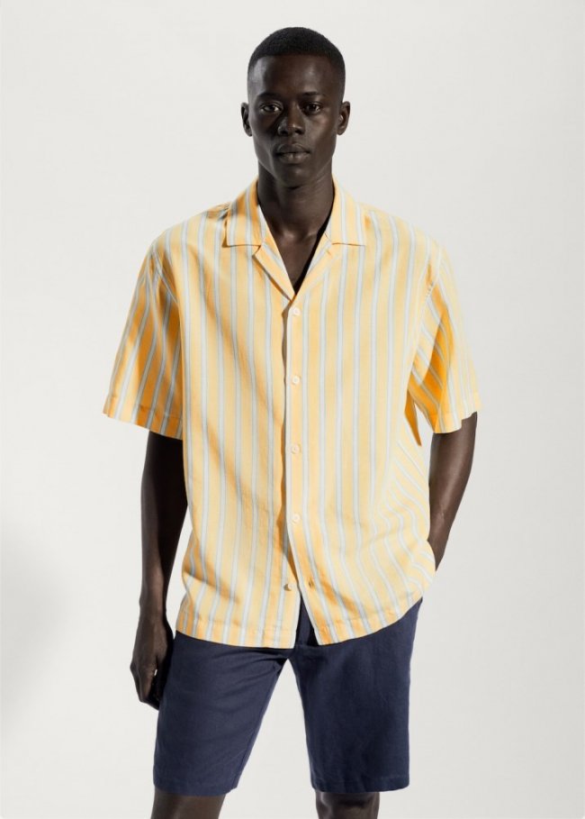 Mango Camisa algodón lino rayas - Amarillo