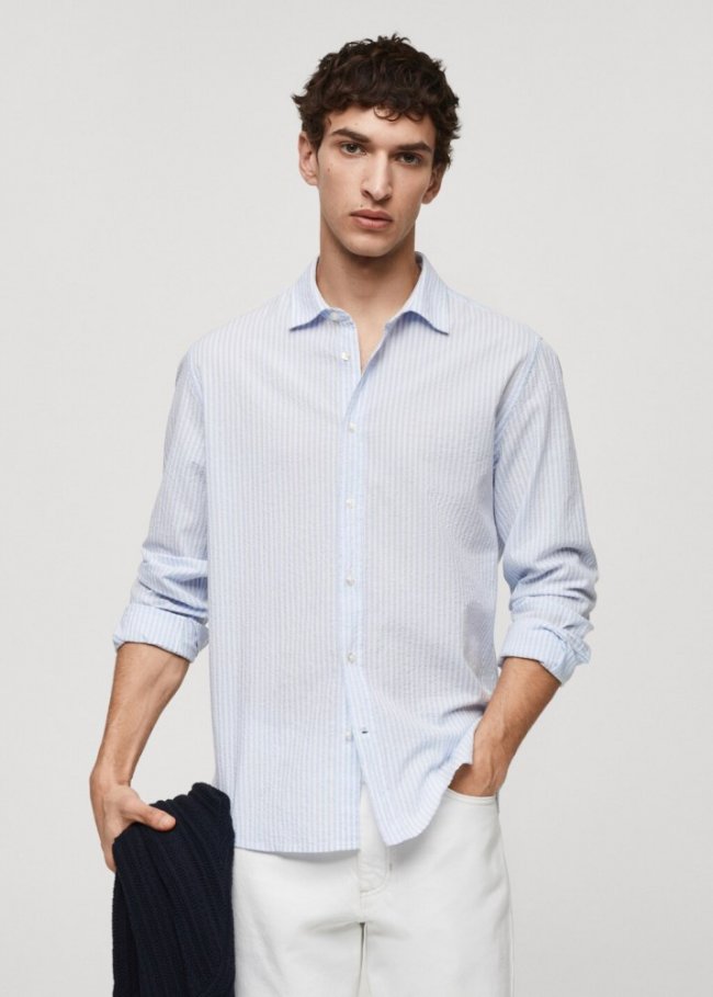 Mango Camisa classic fit algodón seersucker - Azul celeste