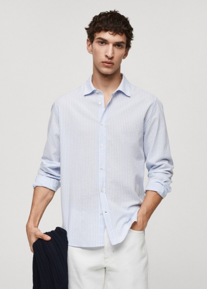 Mango Camisa classic fit algodón seersucker - Azul celeste