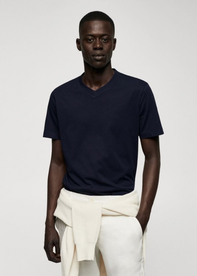 Mango Camiseta básica algodón cuello pico - Azul marino oscuro
