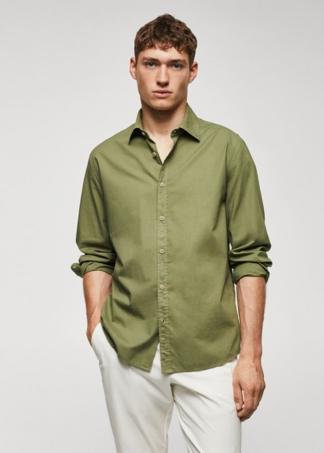Mango Camisa regular fit algodón voile - Khaki