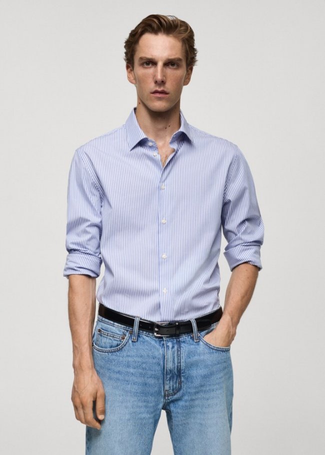 Mango Camisa slim fit algodón mil rayas - Azul
