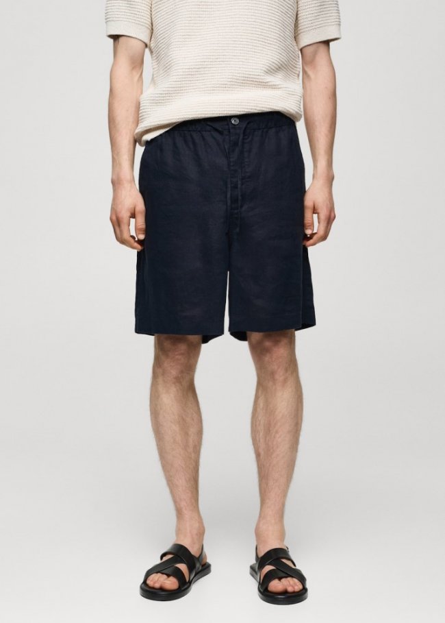 Mango Bermudas 100% lino cordón - Azul marino