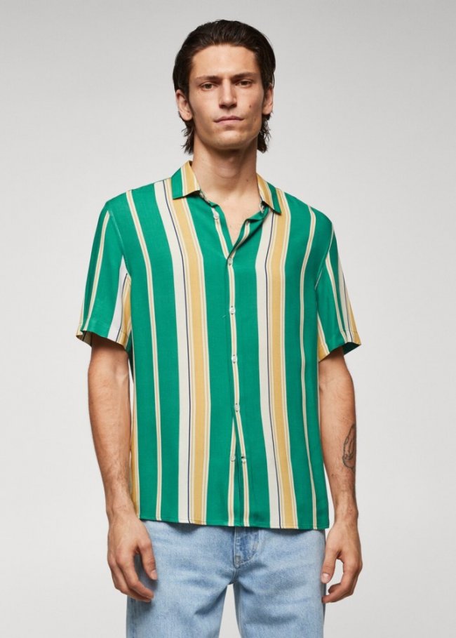 Mango Camisa rayas manga corta - Verde