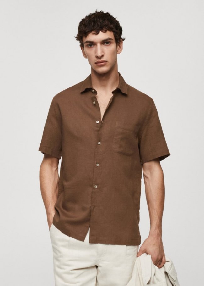 Mango Camisa regular fit lino bolsillo - Marrón