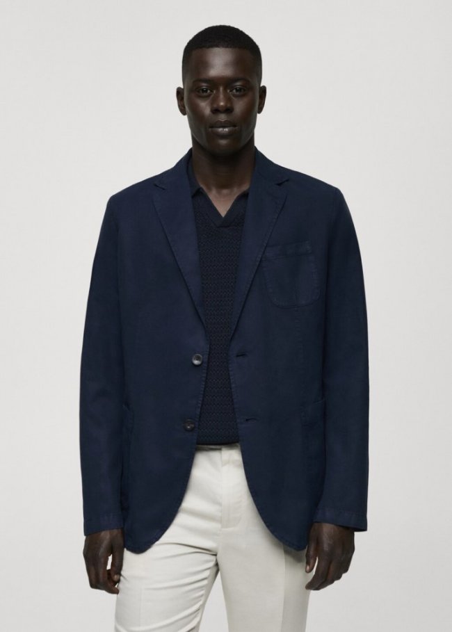 Mango Americana lino algodón efecto lavado - Azul marino oscuro
