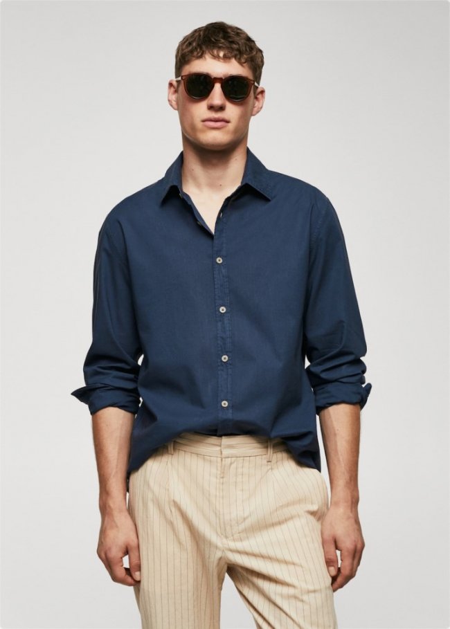 Mango Camisa regular fit algodón voile - Azul marino