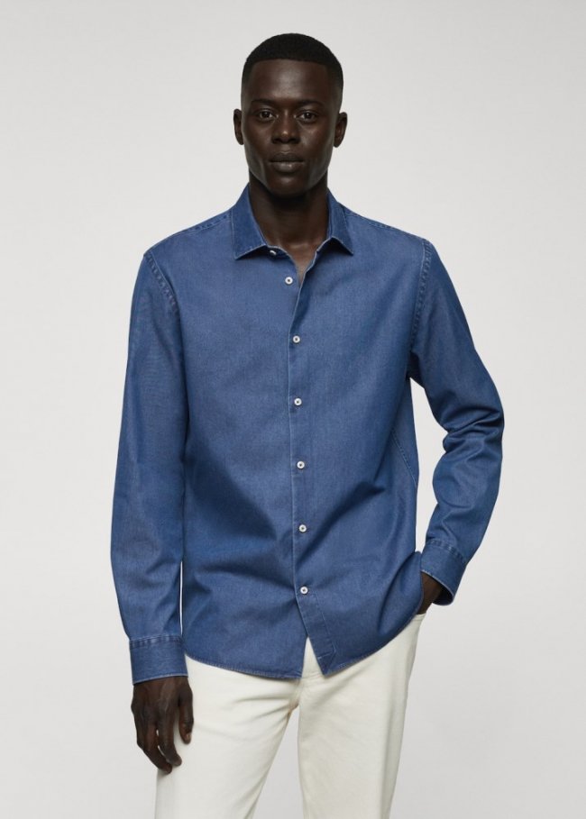 Mango Camisa regular fit chambray algodón - Azul medio