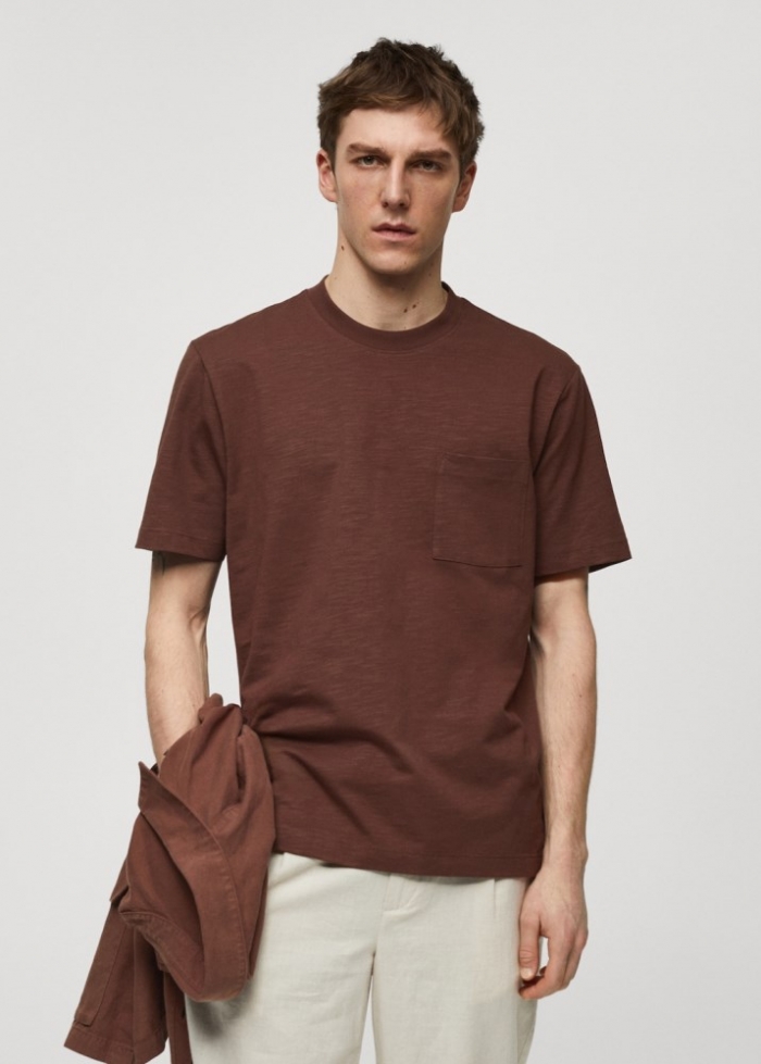 Mango Camiseta bolsillo 100% algodón - Marrón tabaco