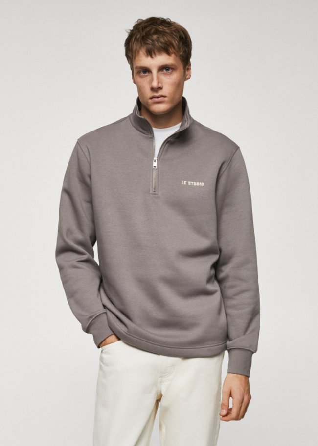 Mango Sudadera algodón cuello cremallera - Gris medio