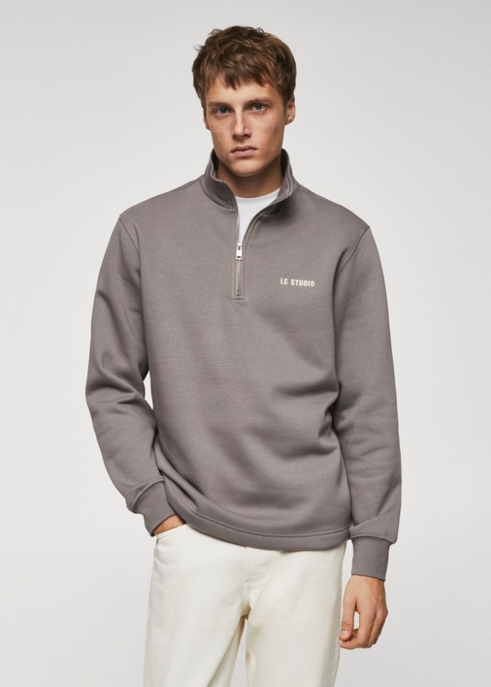 Mango Sudadera algodón cuello cremallera - Gris medio