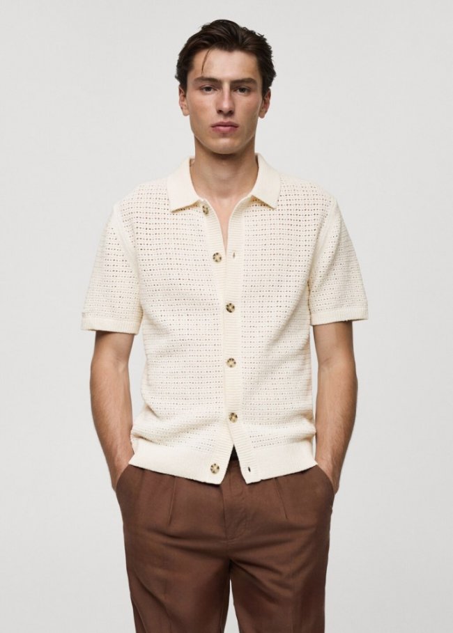 Mango Polo punto calado botones - Blanco roto