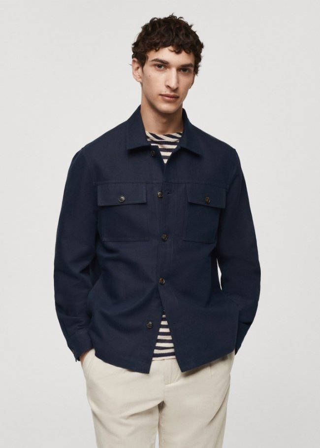 Mango Sobrecamisa algodón lino bolsillos - Azul marino oscuro