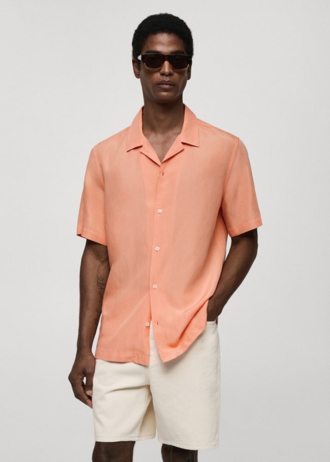 Mango Camisa tencel cuello bowling - Naranja