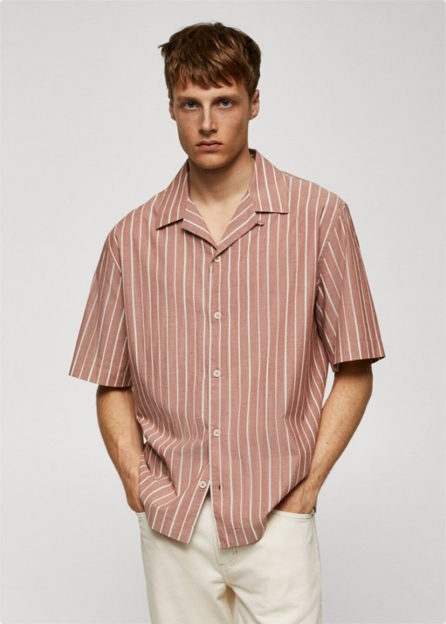 Mango Camisa rayas 100% algodón cuello bowling - Burdeos