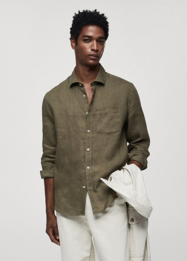 Mango Camisa classic fit 100% lino - Khaki