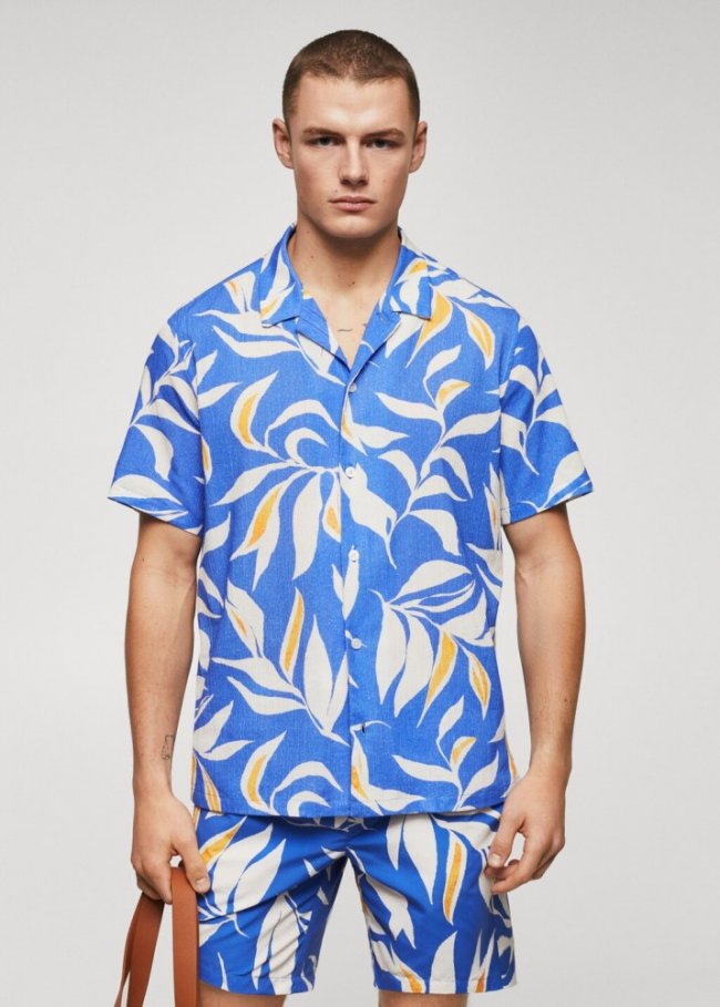 Mango Camisa algodón estampado hawaiano - Azul eléctrico