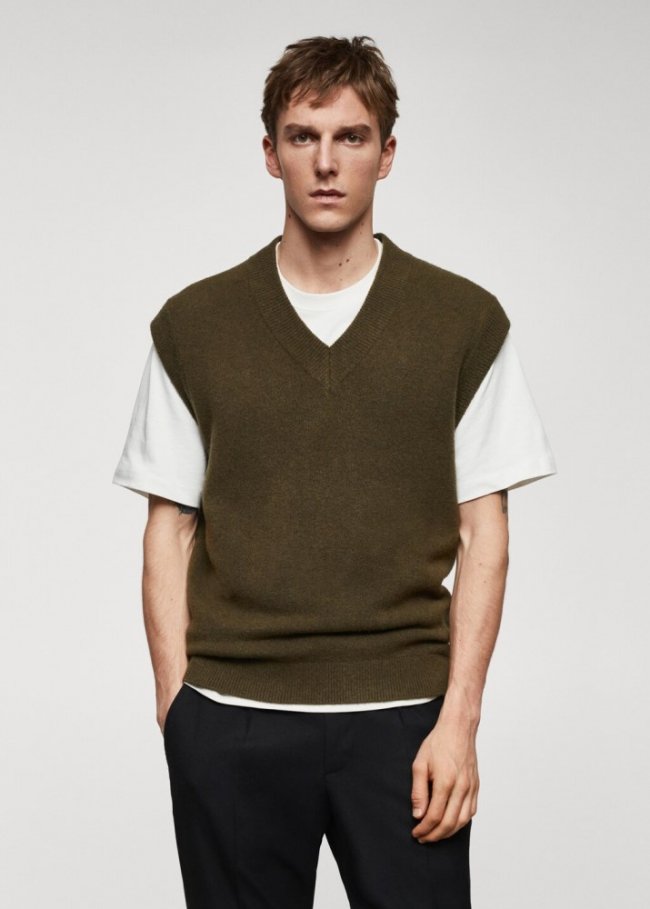 Mango Chaleco punto cuello pico - Khaki
