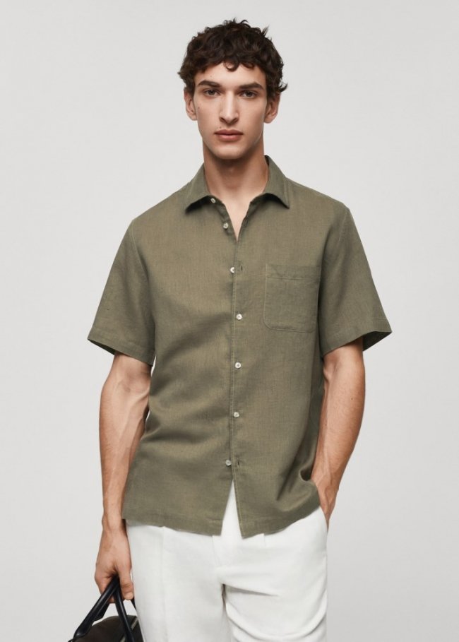 Mango Camisa regular fit lino bolsillo - Khaki
