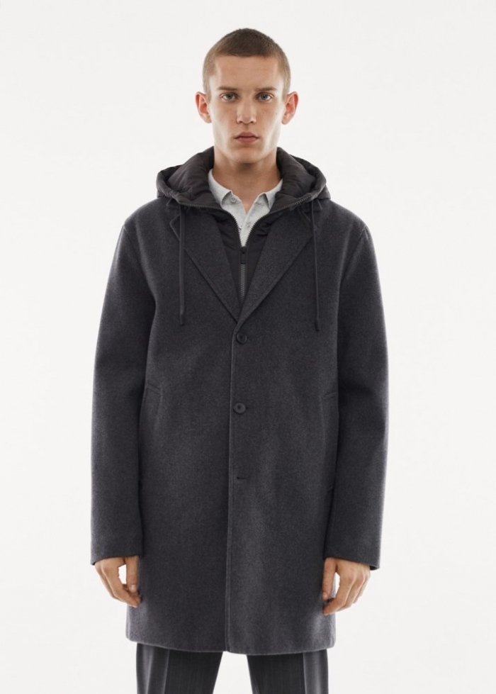 Mango Abrigo lana capucha desmontable - Gris