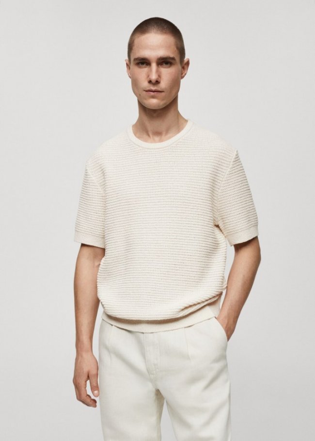 Mango Camiseta punto crochet - Blanco roto