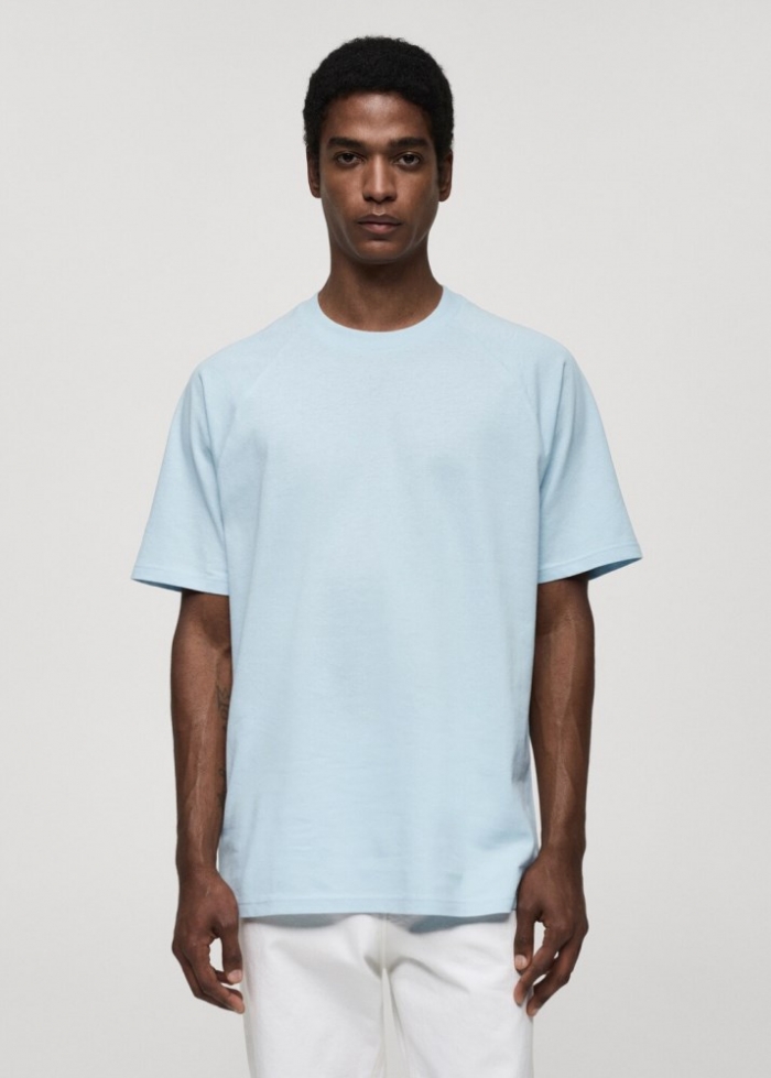 Mango Camiseta algodón relaxed fit - Azul celeste