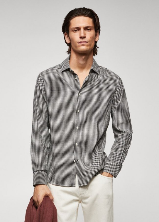 Mango Camisa seersucker cuadro vichy - Negro