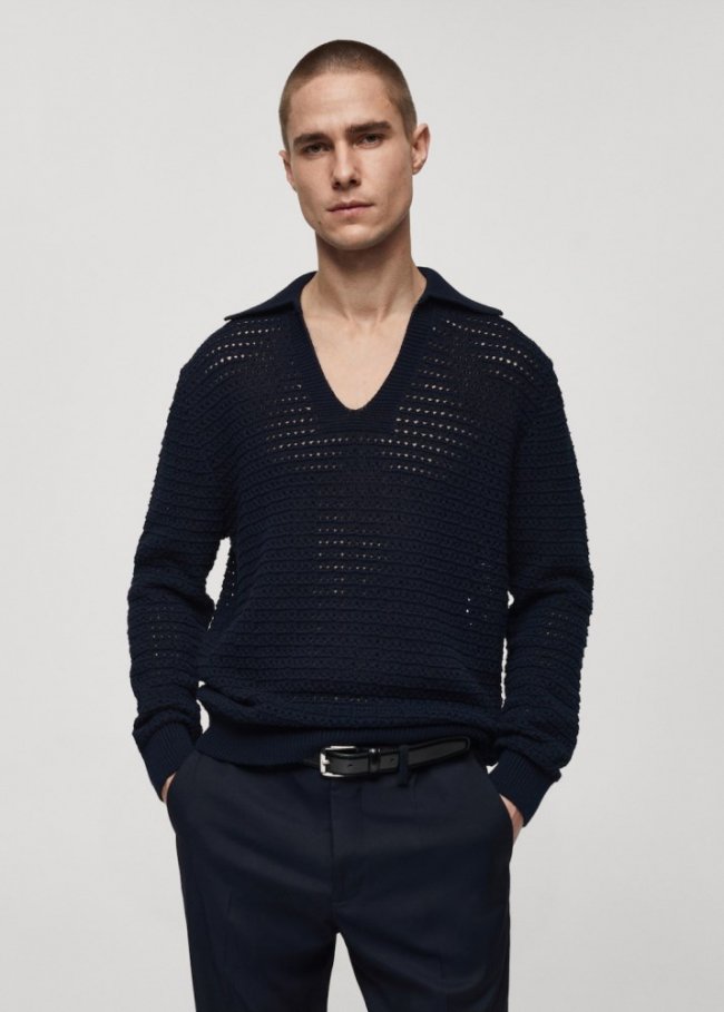Mango Jersey punto calado cuello polo - Azul marino oscuro