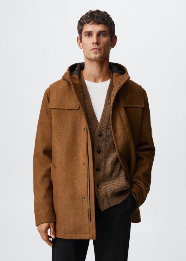 Mango Chaquetón lana capucha - Marrón medio