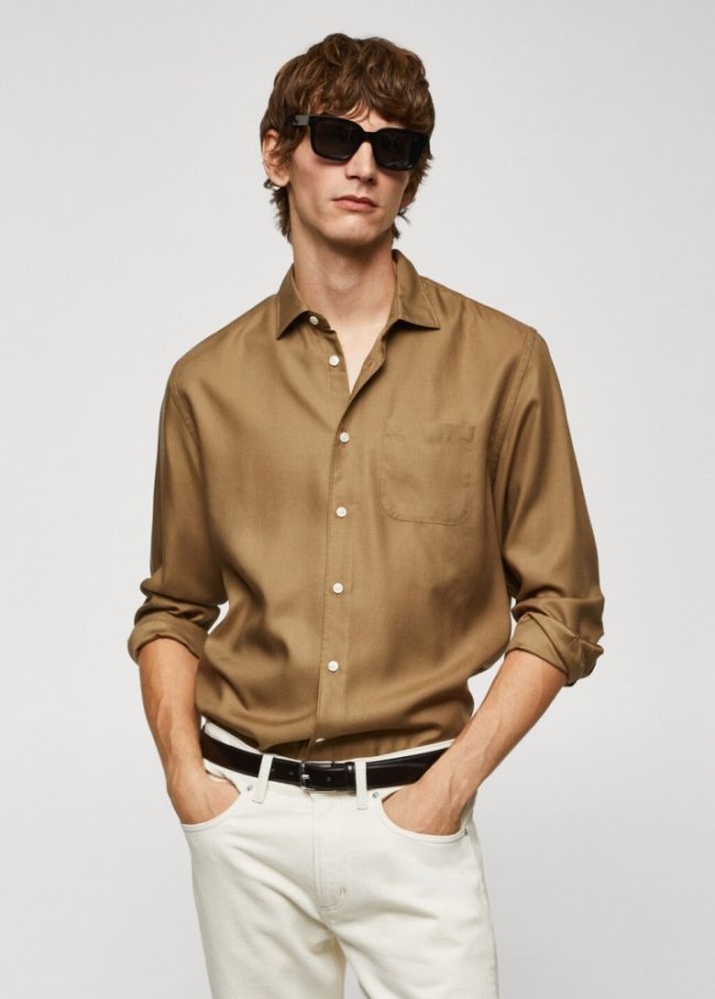 Mango Camisa 100% tencel bolsillo - Beige