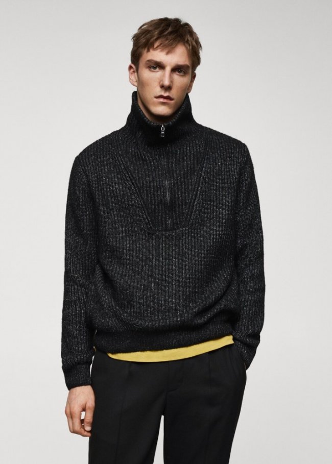 Mango Jersey lana cuello perkins cremallera - Negro