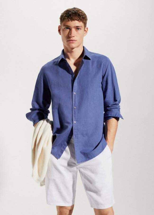 Mango Camisa regular fit lino algodón - Azul