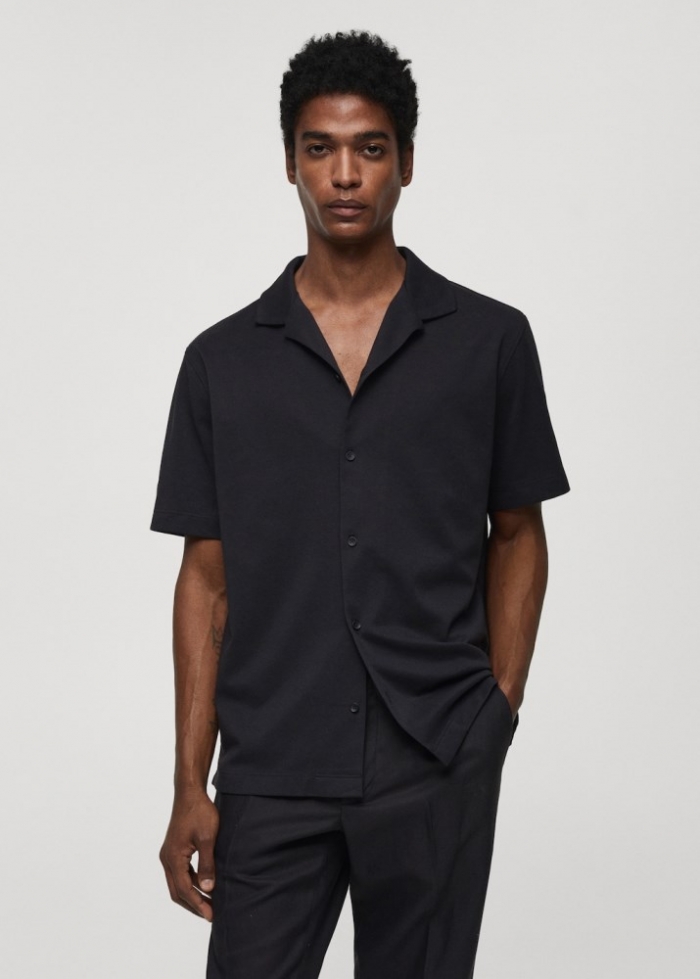 Mango Camisa algodón manga corta - Azul marino oscuro
