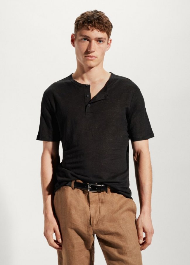 Mango Camiseta 100% lino cuello panadero - Negro