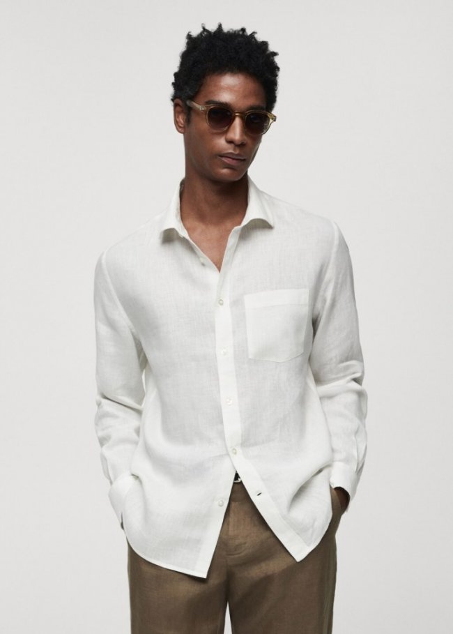 Mango Camisa classic fit 100% lino - Blanco