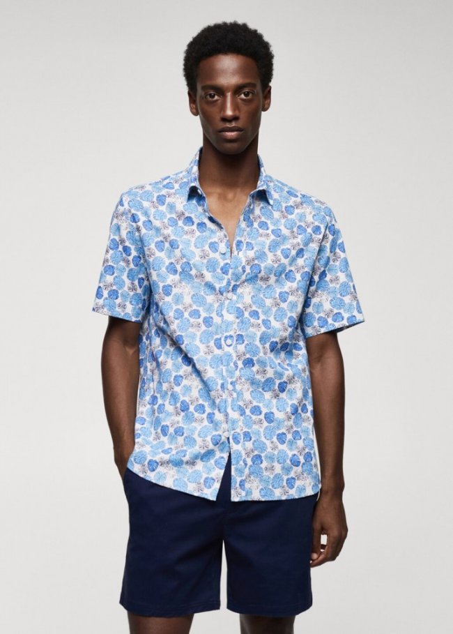Mango Camisa algodón lino estampada - Azul
