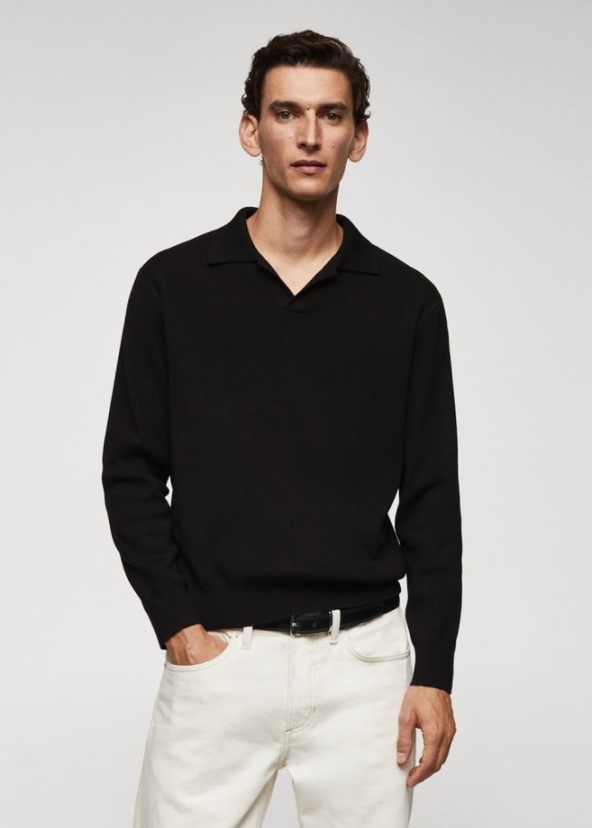 Mango Jersey lana cuello polo - Negro