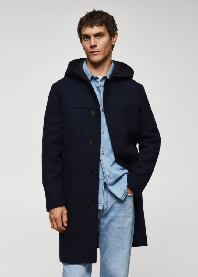 Mango Abrigo lana reciclada capucha - Azul marino oscuro