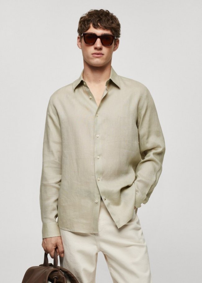 Mango Camisa regular fit 100% lino - Verde agua